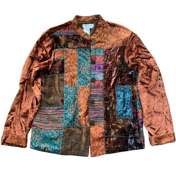 Coldwater Creek Patchwork Tapestry Velvet Buttoned Jacket Brown Teal Size M - Picture 7 of 7
